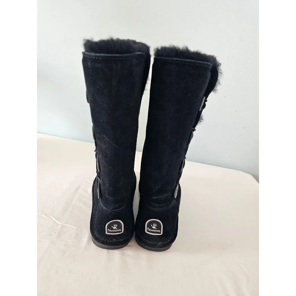 Winter Cozy Bearpaw Emma Toggle Tall Boots Women 8 Black Suede Faux Fur Lining